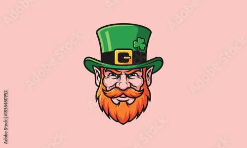 Vibrant cartoon illustration of a traditional leprechaun, featuring a green top hat with a lucky shamrock and a prominent red beard, embodying Irish folklore and charm for festive designs