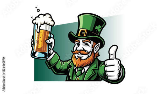 Festive Irish character raising a frothy glass of golden ale with a cheerful thumbs-up, embodying a spirit of celebration and good luck