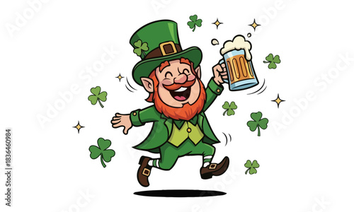 Happy leprechaun character in a green suit running with a foamy beer, surrounded by lucky clovers for a holiday celebration