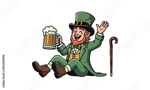 Cheerful cartoon leprechaun character sitting and waving while holding a mug of beer, a festive illustration for St. Patrick's Day