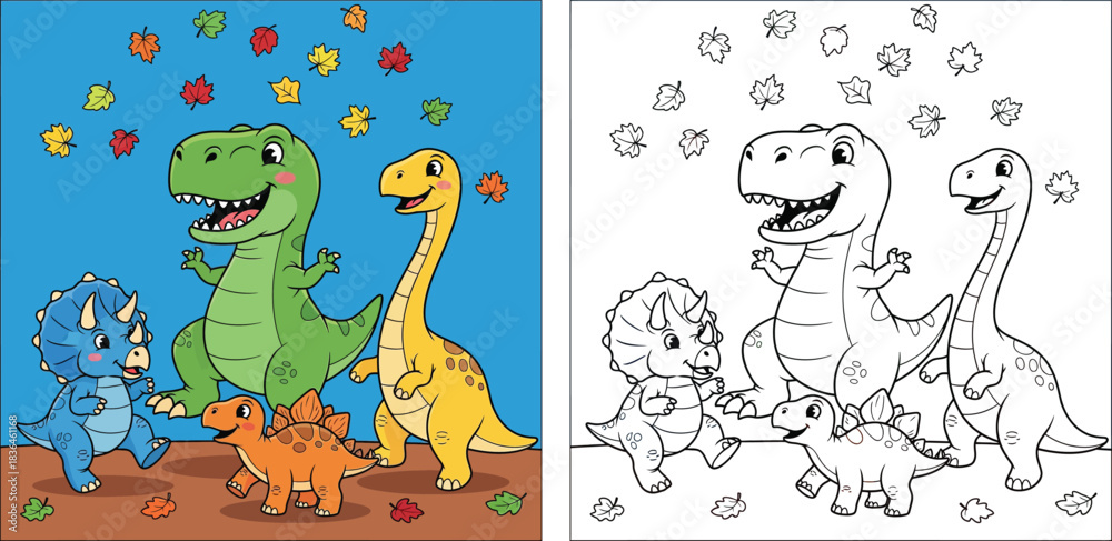 Fototapeta premium Cute cartoon dinosaurs group enjoying autumn season, happy T-Rex, Triceratops, Brachiosaurus and Stegosaurus characters with falling colorful leaves, vector illustration