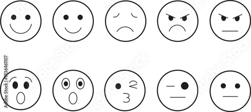 Minimalist Monoline Emoticon & Emotion Face Vector Icon Set: Linear Outline Smileys for Customer Feedback and Satisfaction UI/UX Design"