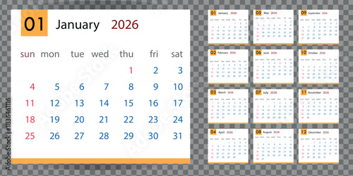 Calender of 2026 in daily and monthly schedule style with yellow streps. Editable vector illustration.