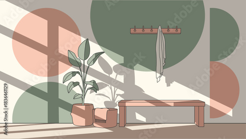 Scandi Style Mudroom Background with Plant and Geometric Shapes