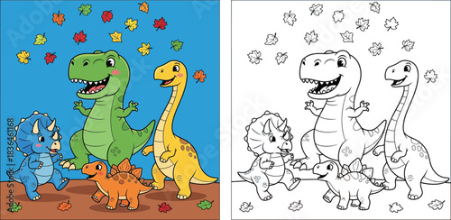 Cute cartoon dinosaurs group enjoying autumn season, happy T-Rex, Triceratops, Brachiosaurus and Stegosaurus characters with falling colorful leaves, vector illustration