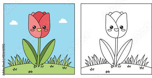 Cute cartoon tulip flower with happy kawaii face, red spring plant growing in green grass with blue sky background vector illustration