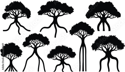 Set of black silhouettes of mangrove trees with stilt roots isolated on transparent background vector