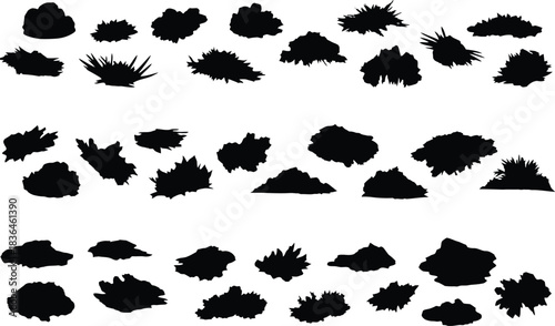Collection of various black bush and grass silhouettes for landscaping isolated transparent background vector