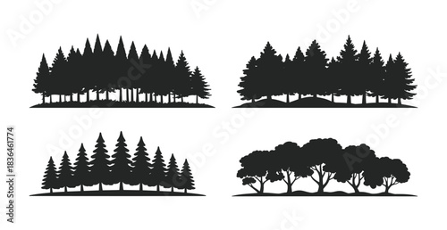 A versatile collection of diverse black tree and forest silhouettes is presented in a flat graphic style