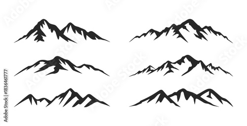 A collection of stylized black mountain range silhouettes is presented on a clean white background