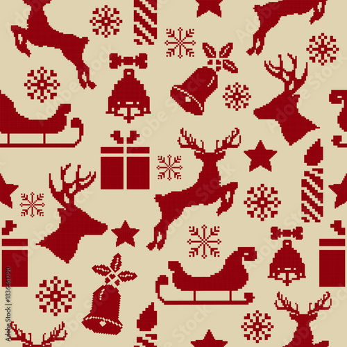 New Year's Christmas seamless pattern pixel, card - scandynavian Norwegian sweater style.Traditional pixel ethnic pattern. Knitted Christmas Sweater Pattern Design or Cross Stitch Embroidery.