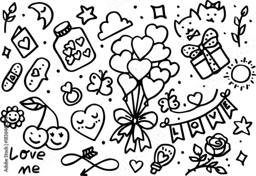 A delightful black-and-white doodle bursting with love symbols — smiling hearts, cherries, balloons, and a gift-bearing cat. Playful and sweet, this hand-drawn design celebrates romance, joy, and gent