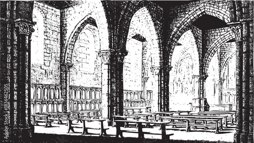 Black and white architectural drawing of an ancient gothic church interior with stone pillars and wooden pews