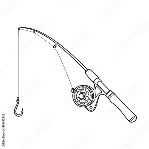 Fishing rod with reel and hook in black outline style  