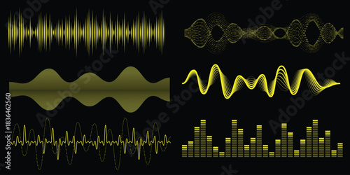 Podcast sound waves. Audio wave forms line, sound wave frequency, illustrating wave forms, voice signals, or digital equalizer patterns in a simple 