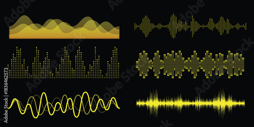 Podcast sound waves. Audio wave forms line, sound wave frequency, illustrating wave forms, voice signals, or digital equalizer patterns in a simple 
