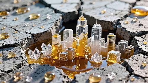 Concrete crack filled with crystallized honey forming city skyline