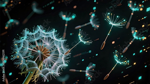 Dandelion seeds floating as glowing data points in darkness