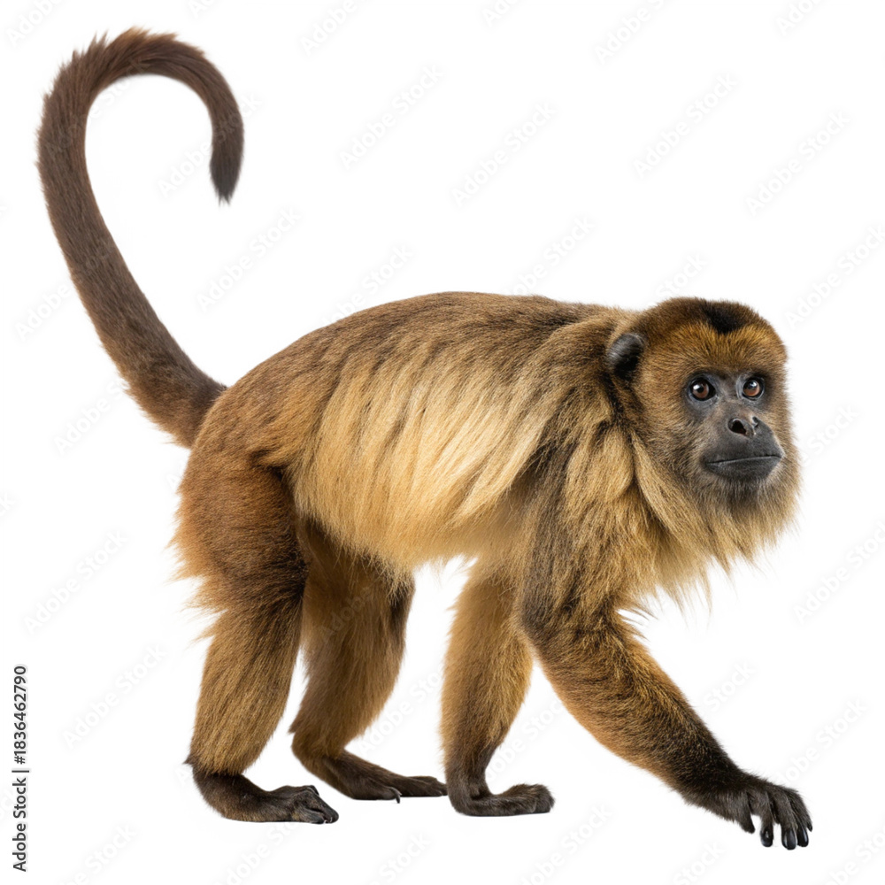 Fototapeta premium Brown Howler Monkey Standing Isolated on White Background