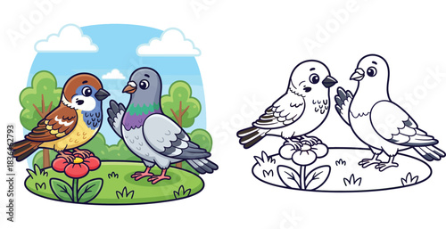 Cute cartoon sparrow sitting on a red flower talking to a grey pigeon, happy bird friends conversation in nature park vector illustration