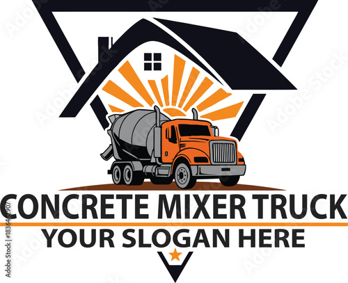 Concrete Mixer Truck Vector Illustration with Sunburst and House Shape