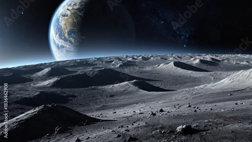 View of planet Earth and outer space from the surface of the Moon. Beautiful lunar landscape.