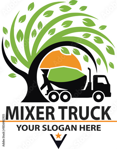 Eco Friendly Cement Mixer Truck Logo Design with Green Leaves