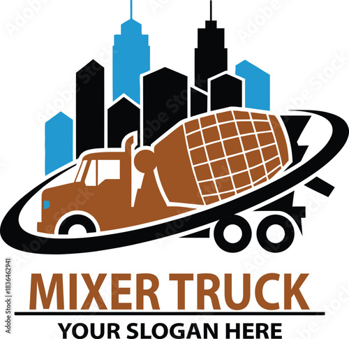 Concrete mixer truck logo with city skyline in the background