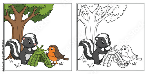 Cute cartoon skunk and robin bird building a shelter from leaves. Vector illustration of animals camping or playing outdoors under a tree.
