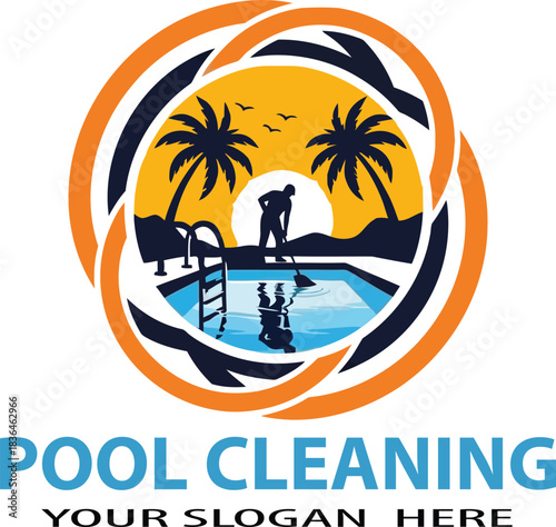 Professional pool cleaning services vector design with tropical summer background