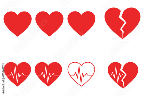 Collection of red heart icons with various conditions and ecg.