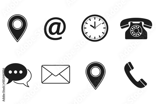 Collection of black and white contact icons including location email clock and phone symbols