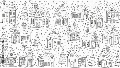 Charming Winter Village Scene with Snow-Covered Houses and Christmas Trees.