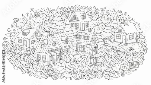 Intricate line art drawing of a fairytale village in a forest.