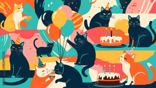 Festive Felines - A Birthday Celebration with Cats and Balloons.