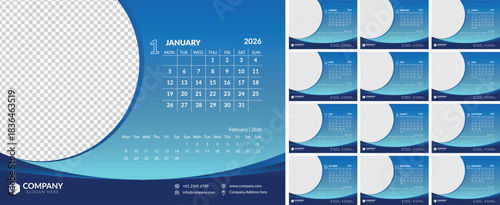 Blue Desktop Calendar Template for 2026 with Space for Photo