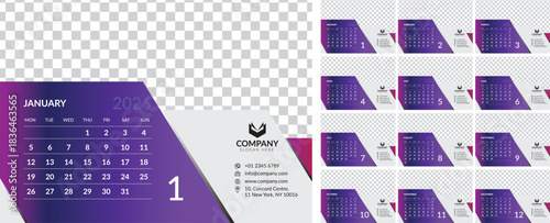 Desk calendar template for 2026 year with all months ready to use