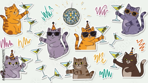 Cute cartoon cats with party hats and drinks illustration collection.