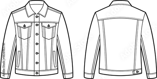 Denim jacket technical flat sketch, front and back view, pointed collar, chest flap pockets, button placket, fashion design, garment construction, vector outline