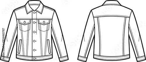 Denim jacket technical flat sketch, front and back view, pointed collar, chest pockets, button placket, fashion design, garment construction, vector template