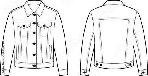 Denim jacket technical vector set, front and back fashion flat sketch with seam details, button closures, collar, cuffs, garment construction illustration