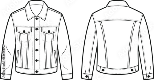 Denim jacket technical vector set, front and back fashion flat sketch with seam details, button closures, garment construction, apparel design illustration