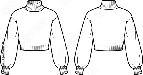 Fashion flat sketch, cropped sweater with puff sleeves, ribbed turtleneck, front and back view, garment construction, sewing pattern, apparel vector template