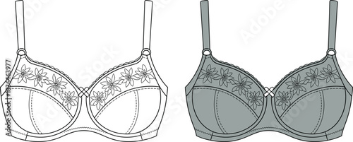 Embroidered bra vector set with floral cup detail, adjustable straps, underband support, and seam lines in black-and-white and muted color versions