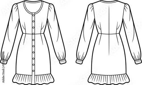 Fashion flat sketch, puff sleeve ruffle hem dress, front and back view, button-down design, garment construction, sewing pattern, apparel template