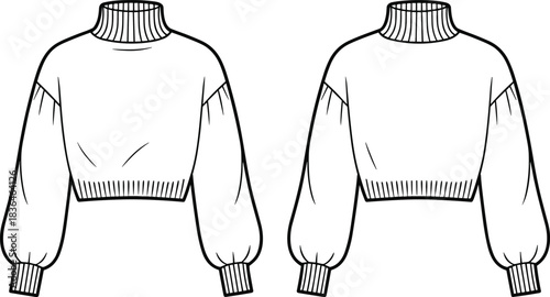 Fashion technical sketch, cropped sweater with puff sleeves, ribbed turtleneck, front and back view, garment construction, sewing pattern, apparel vector template