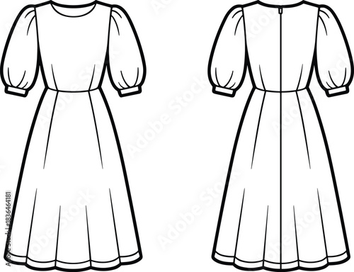 Fashion technical sketch, puff sleeve midi dress, front and back view, garment construction, sewing pattern, flat vector, apparel design template