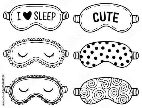 Collection of six hand-drawn sleep masks with various designs and text