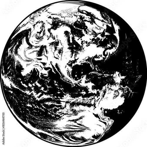 Black and white earth illustration depicting global geography and continents