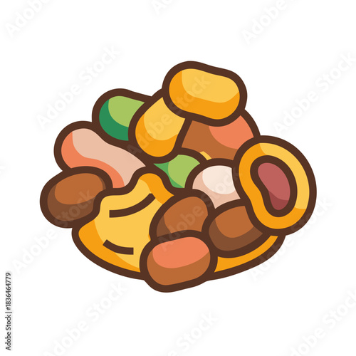 Colorful mix of nuts and dried fruits illustration